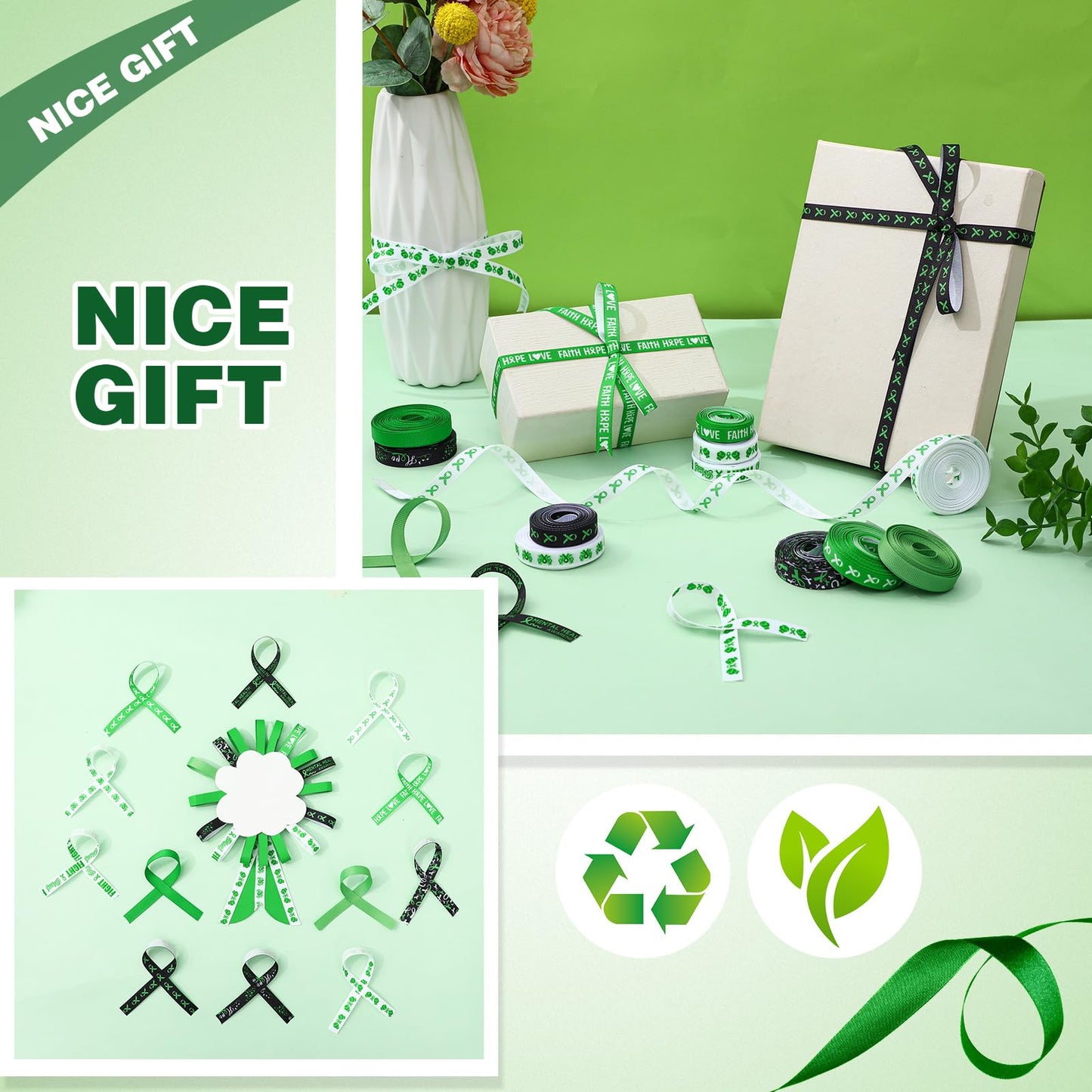 Hahafelt 12 Rolls 60 Yards Mental Health Awareness Ribbon Green Bow Making Ribbon DIY Craft Decorative Ribbons for Gift Wrapping Activities Home Decor 3/8 Inches
