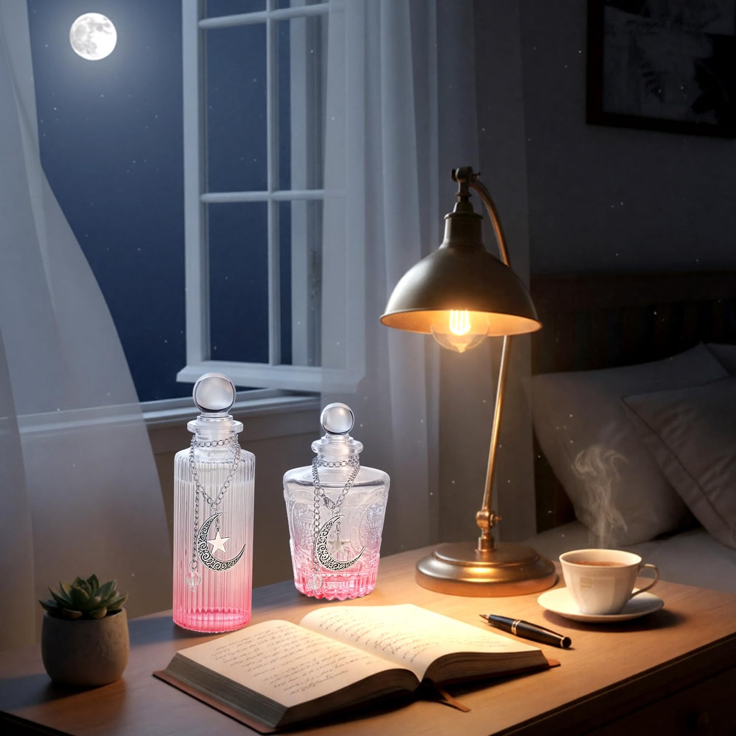 Potchen 2 Pcs 5 oz Moon Energy Glass Bottle with 2 Lunar Star Spiritual Moonlight Water Jar Chain Charging Container with Lid for Infusing Intentions Crystal Cleansing Meditation Witchcraft Home Decor