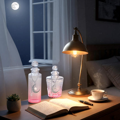 Potchen 2 Pcs 5 oz Moon Energy Glass Bottle with 2 Lunar Star Spiritual Moonlight Water Jar Chain Charging Container with Lid for Infusing Intentions Crystal Cleansing Meditation Witchcraft Home Decor