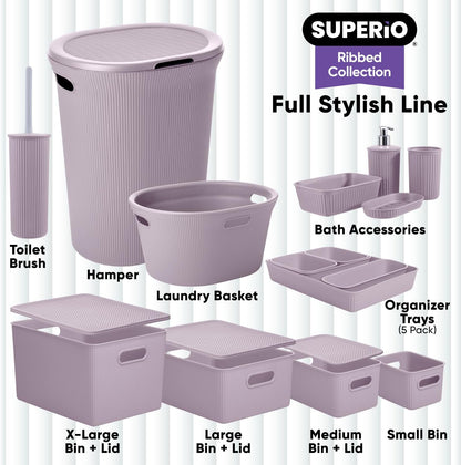 Superio Ribbed Collection - Decorative Plastic Open Storage Bins, Small Lilac Purple (2 Pack) for Organizing Closet