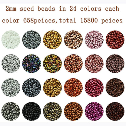 VOOMOLOVE 12/0 Glass Seed Beads About 15800pcs 24 Colors 2mm Loose Seed Beads Kit Bracelet Making with 24-Grid Plastic Storage Box for Jewelry Making（24 Colors）