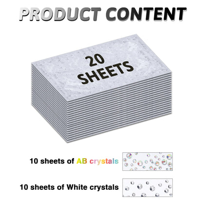 Dvobez 20 Sheet Iron-on Rhinestone Sheets - 2 Stunning Designs, AB Crystals & Glitter Hotfix Rhinestones, 2mm/3mm/4mm Mixed Sizes for Clothing, DIY Crafts, Gift Personalization & Home Décor