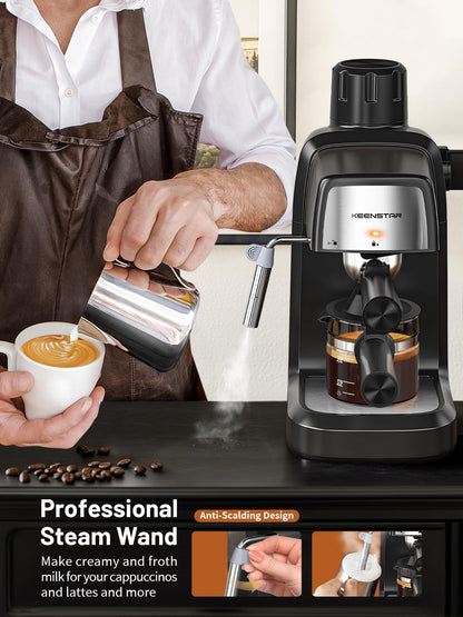KEENSTAR 3.5Bar Espresso Machine with Milk Frother, 800W Compact Espresso and Cappuccino Machine with Preheating Function, 4 Cup Espresso Maker for Cappuccino or Latte, Gift for Coffee Lover