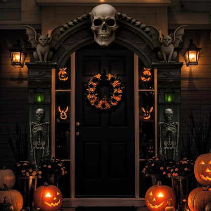 Peryiter 3 Pcs Halloween Cemetery Archway Halloween Skull Cemetery Hanging Banners Gothic Outdoor Banners Sign Banner Spooky Pillar Sign Decorations for Outdoor Party Supplies