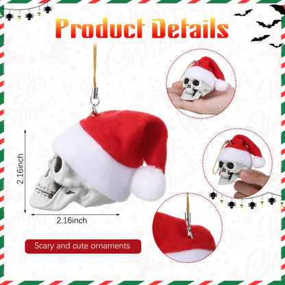Lenwen 24 Pcs Mini Hanging Skull Heads Santa Hat Halloween Skeleton Head Tree Ornament Decorations for Holiday Party Xmas Tree Decor (2.16 Inch)