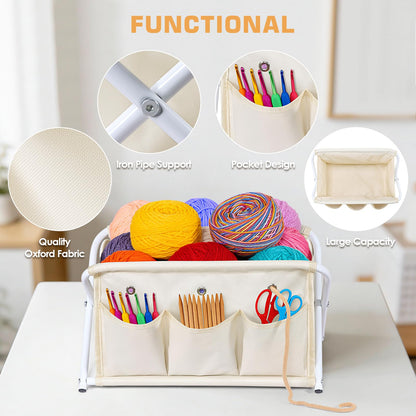 KEEGH Large Capacity Yarn Storage Organizer, Installation-Free Yarn Caddy with 3 Pockets Crochet Bag Organizer for Crochet Hooks, Knitting Needles, Accessories