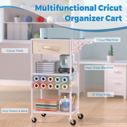 Craft Cart and Organizer Table Compatible with Craft Cutting Machine - Rolling Storage Organizer with Drawer & Vinyl Roll Holder, Crafting Table Workstation Holder for Craft Room Home Office (White)