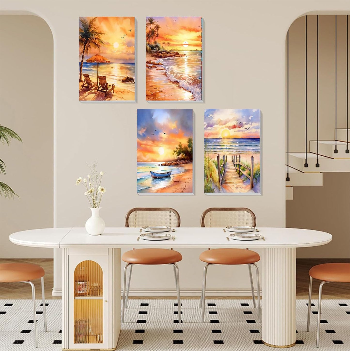 4 Pack Framed Paint by Numbers Kit for Adults Beginners-Beach Adult Paint by Number Kits on Canvas Framed, Sunset Landscape DIY Acrylic Oil Painting by Numbers for Adults for Gift Home Decor(8x12inch)