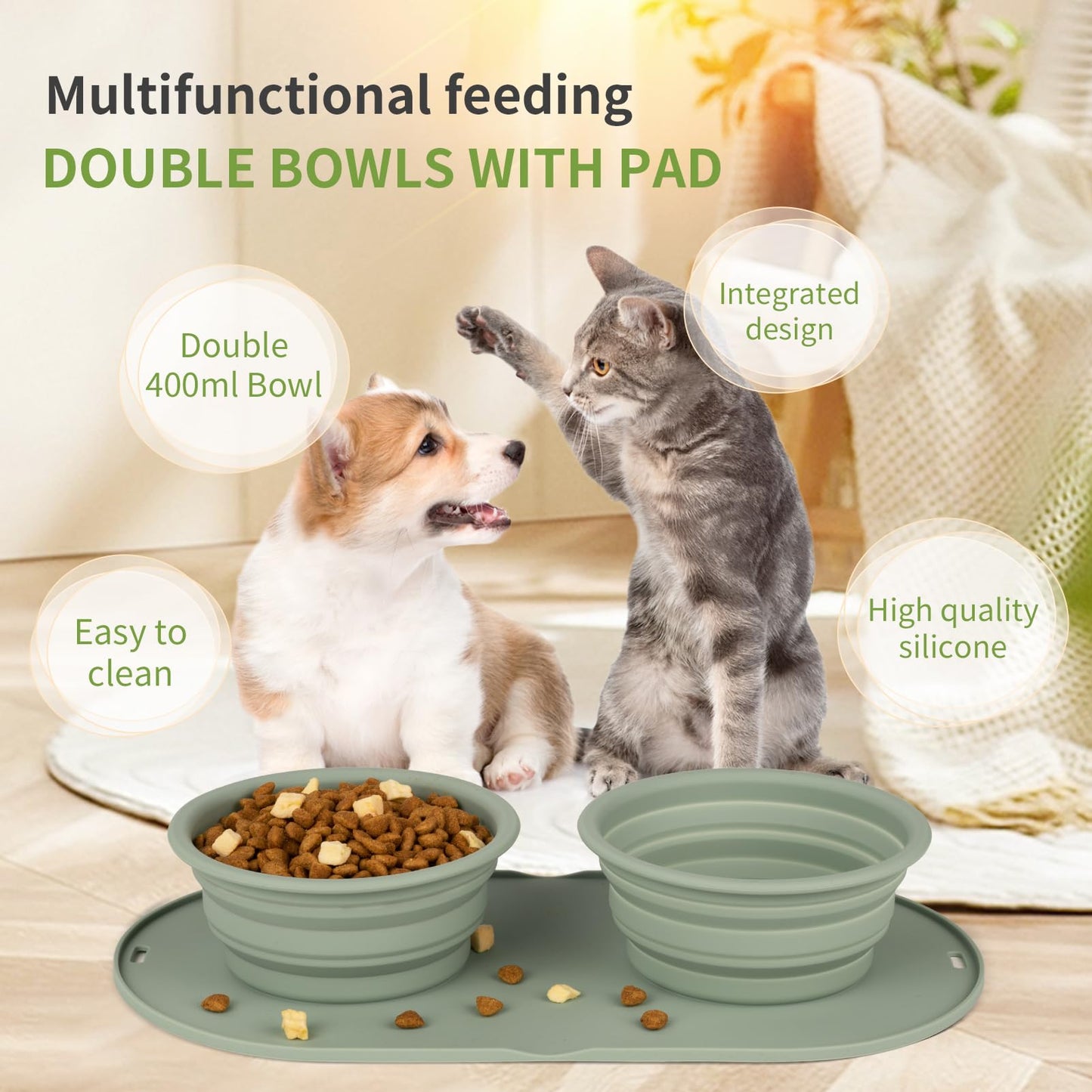 Puppy Dog Bowl,Travel Bowls Dog Food Bowls&Dog Water Bowls,No Spills,Collapsible Double Bowl,Suitable for Small and Medium Sized Dogs(Dark Grey)