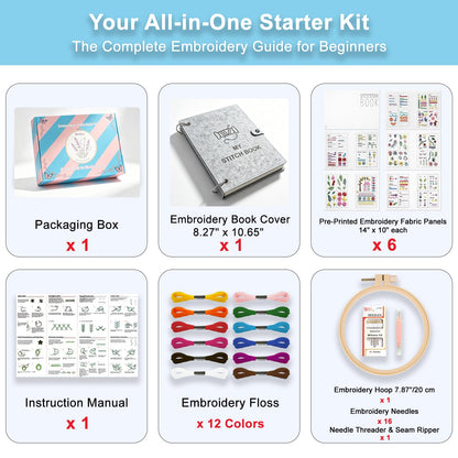 2026 Upgraded Embroidery Stitch Book Kit with 8.27"x10.65" Portable Loose-Leaf Cover, 103 Stitches & 60 Patterns, All-in-One Hand Embroidery Kit for Beginners with Tools & Step-by-Step Video Tutorials