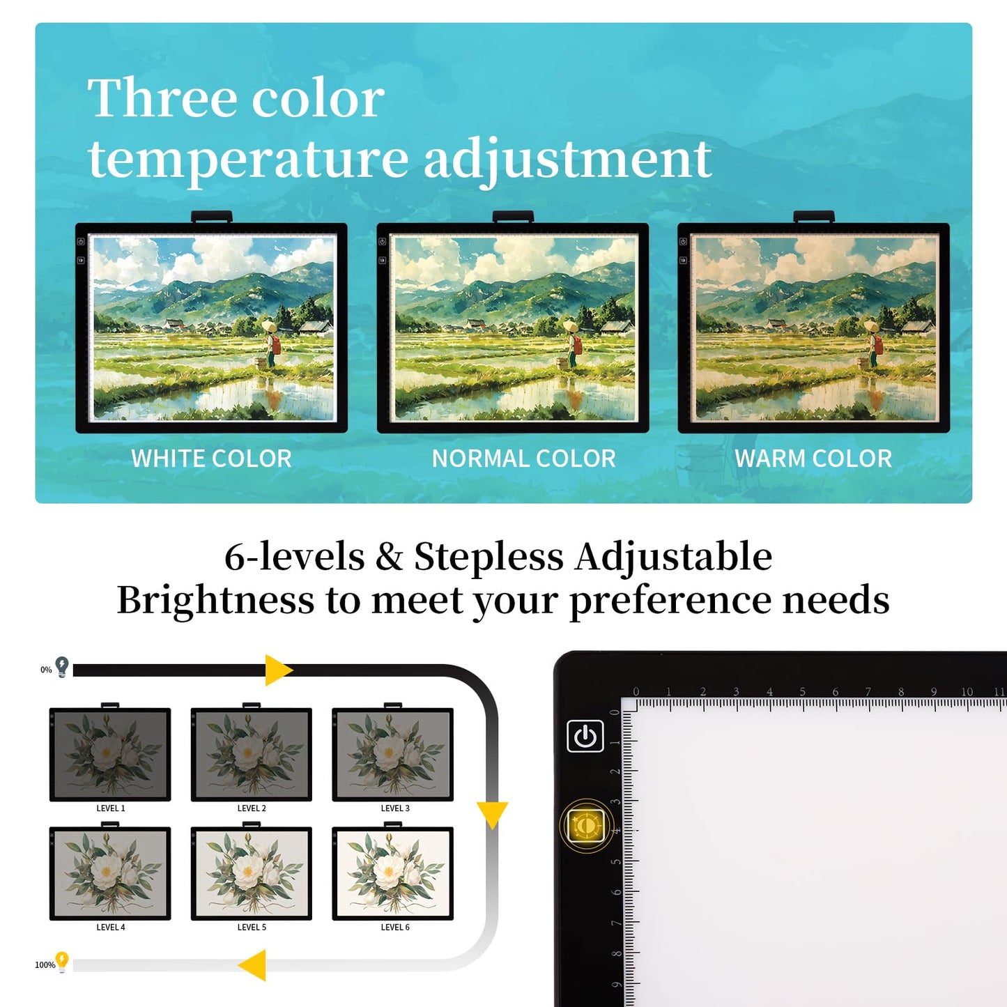 Magictaill Light Board for Diamond Painting, Rechargeable A3 Tracing Light Box with Stand and Clip,3 Colors Stepless Dimmable & 6 Levels Brightness Light Pad for Artist, Drawing, Sketching, Animation