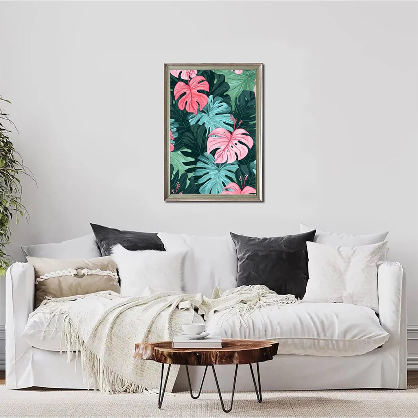 QAZWSX Diamond Painting Kits Art Tropical Leaves on Pink Diamond Art Kits for Adults, Plants Painting Crafts Home Wall Decor DIY 5D Gem Art Perfect for Relaxation 12x16 inch