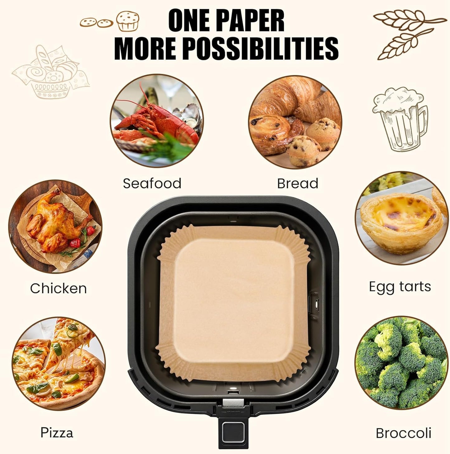 OLESBUR Air Fryer Liners - 200 Pcs 8 Inch Unbleached Parchment Paper | Non-Stick Baking Accessories