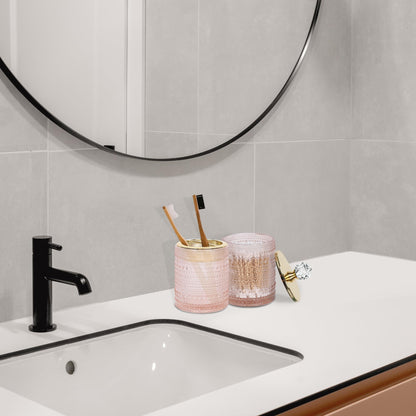 FEILANDUO Bathroom Accessories Set,4Pcs Glass Bathroom Accessories,Vanity Bathroom Decor, Soap Dispenser, Toothbrush Holder Set, Apothecary Jar, Gift for Home Apartment (Pink)