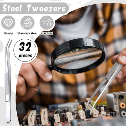 Honoson 32 Pcs Stainless Steel Tweezers for Crafting with Curved Serrated Tip Multipurpose Forceps Sewing Machine Tweezers Bulk (Silver)
