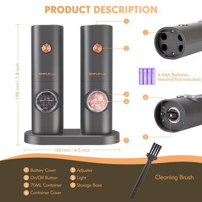 SIMPLETASTE Electric Salt and Pepper Grinder Set, One-Handed, Battery Powered, Adjustable Coarseness, LED Light, Pepper mills with stand, Seasoning Tools for Kitchen, Dining or Gifting