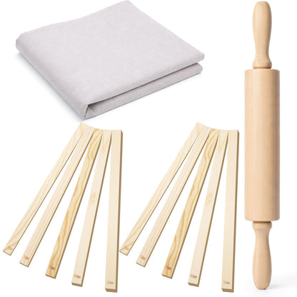 IMengjbang 12 Pcs Pottery Tools Set, Wooden Clay Rolling Pin with 5 Size Thickness Guides, Linen Tablecloth for Ceramic Pottery Making, Clay Roller for Crafts