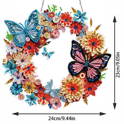STGLCR Butterfly Diamond Art Hanging Kit for Adult Wreath, DIY Acrylic Flowers Diamonds Painting Double Sided Ornament Pendant Board Kit Floral Diamond Painting Art for Christmas Decro 9.4inch