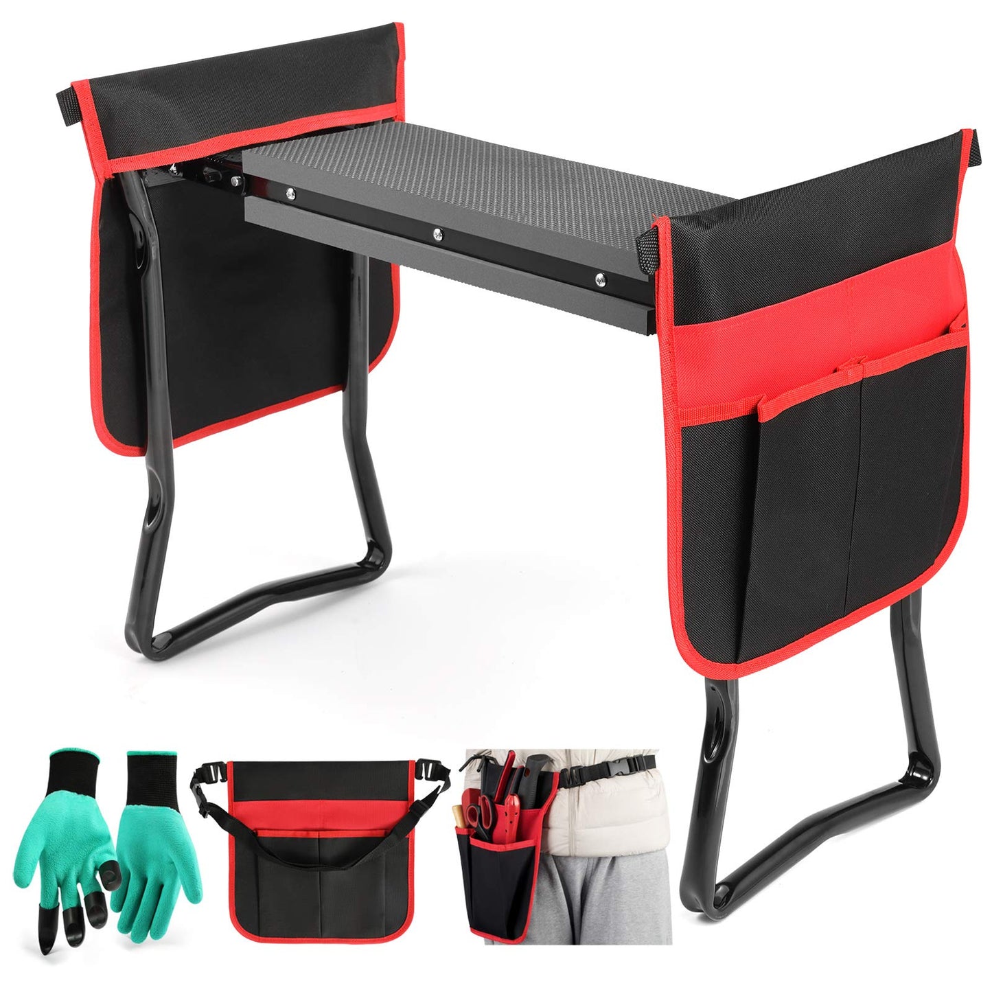 Garden Kneeler and Seat--Folding Garden Stool, Gardening Bench Supplies, Heavy Duty Kneeler with 2 Ex-Large Pouches, EVA Foam Thick Pad, Detachable Belt--Gardening Gift for Women Men Gardener Lovers