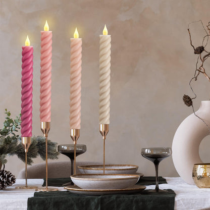 Baquler 6 Pcs Pastel Pink Flameless Taper Candle Twisted LED 9.65 Inch Taper Candles Battery Operated Spiral Candlesticks for Valentine Wedding Birthday Home Party Holiday Dinner Fireplace