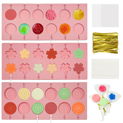 3Pcs Lollipop Mold Kit, 36 Capacity CHELIZIYA 3 Shapes Pink Silicone Candy Molds, Non-Stick Silicone Flower Chocolate Mold with 100Pcs Sticks, 100Pcs Bags, 100Pcs Ties for Party