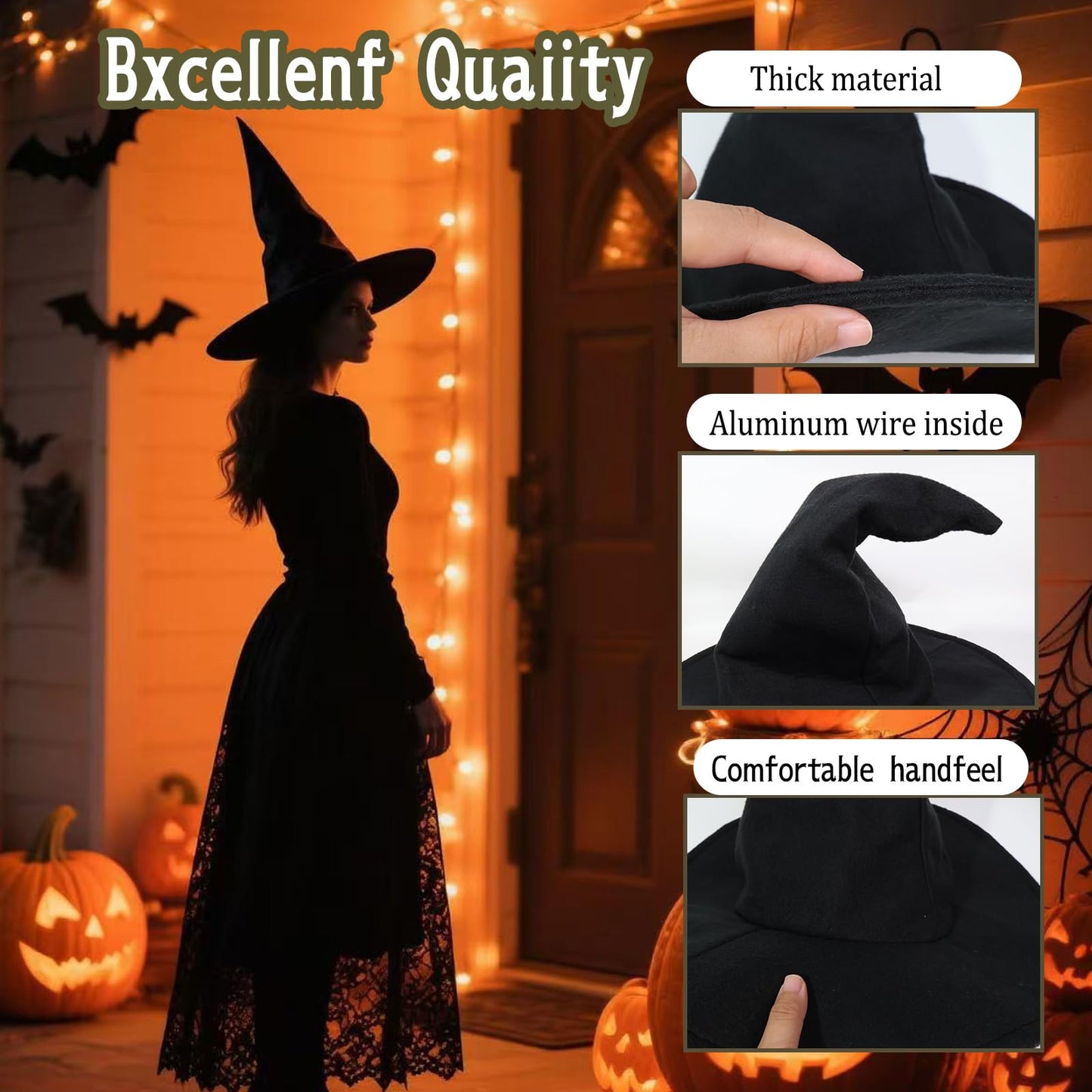 MiUWUU Black Witch Hat for Women Halloween Costume Cosplay Party Accessory Felt Material