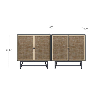 Nathan James Kova Rattan Wood Accent Sideboard Storage Cabinet TV Stand with Matte Metal Frame, Adjustable Shelves and Cane Doors, for Hallway, Entryway or Living Room, Black Oak/Cane, Set of 2