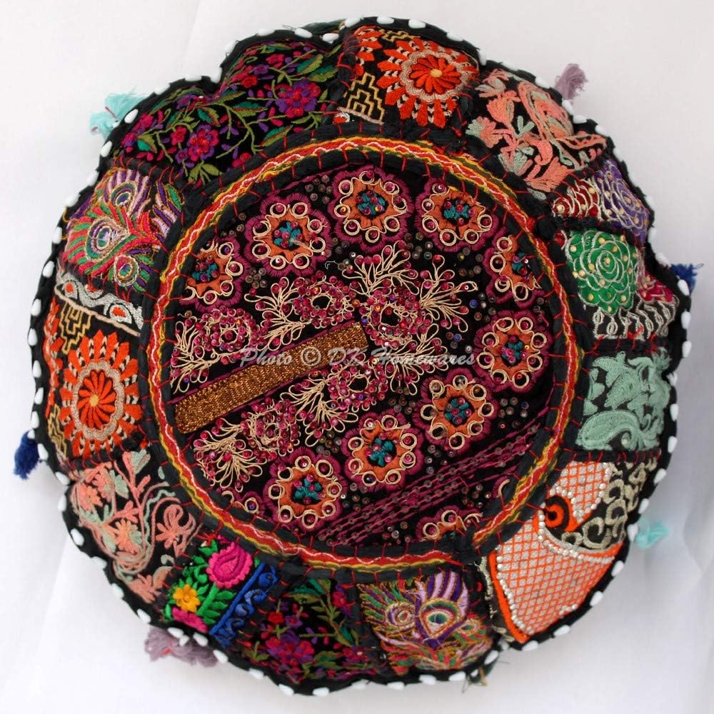 DK Homewares 18 Inch 18x18 Indian Traditional Floor Cushion Cover Bohemian Black Patchwork Yoga Pouf Ottoman Home Decor
