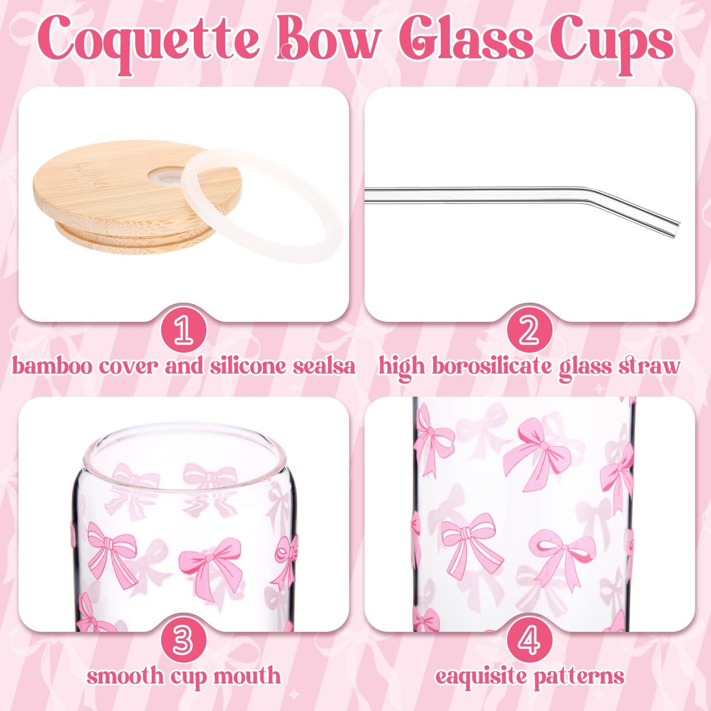 Zhehao 6 Set Cute Coquette Pink Bow Glass Cup Gift Set 16oz Aesthetic Iced Coffee Cup with Lids and Straws Toppers Brushes Gift Boxes Coquette Bow Party Favor Gifts for Girls Women Bridesmaid Mother