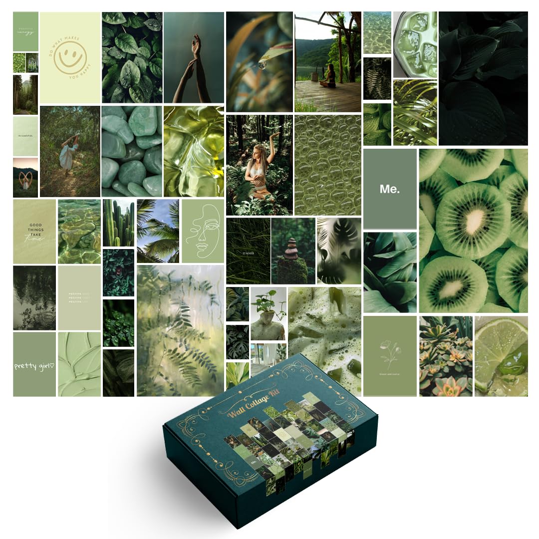 TruPeak 50 pcs Green Wall Collage Kit - Nature-Inspired Green Wall Decor with Aesthetic Pictures. Ideal Room Decor Aesthetic for Teen Girls. Photo Wall Collage Kit for Teens