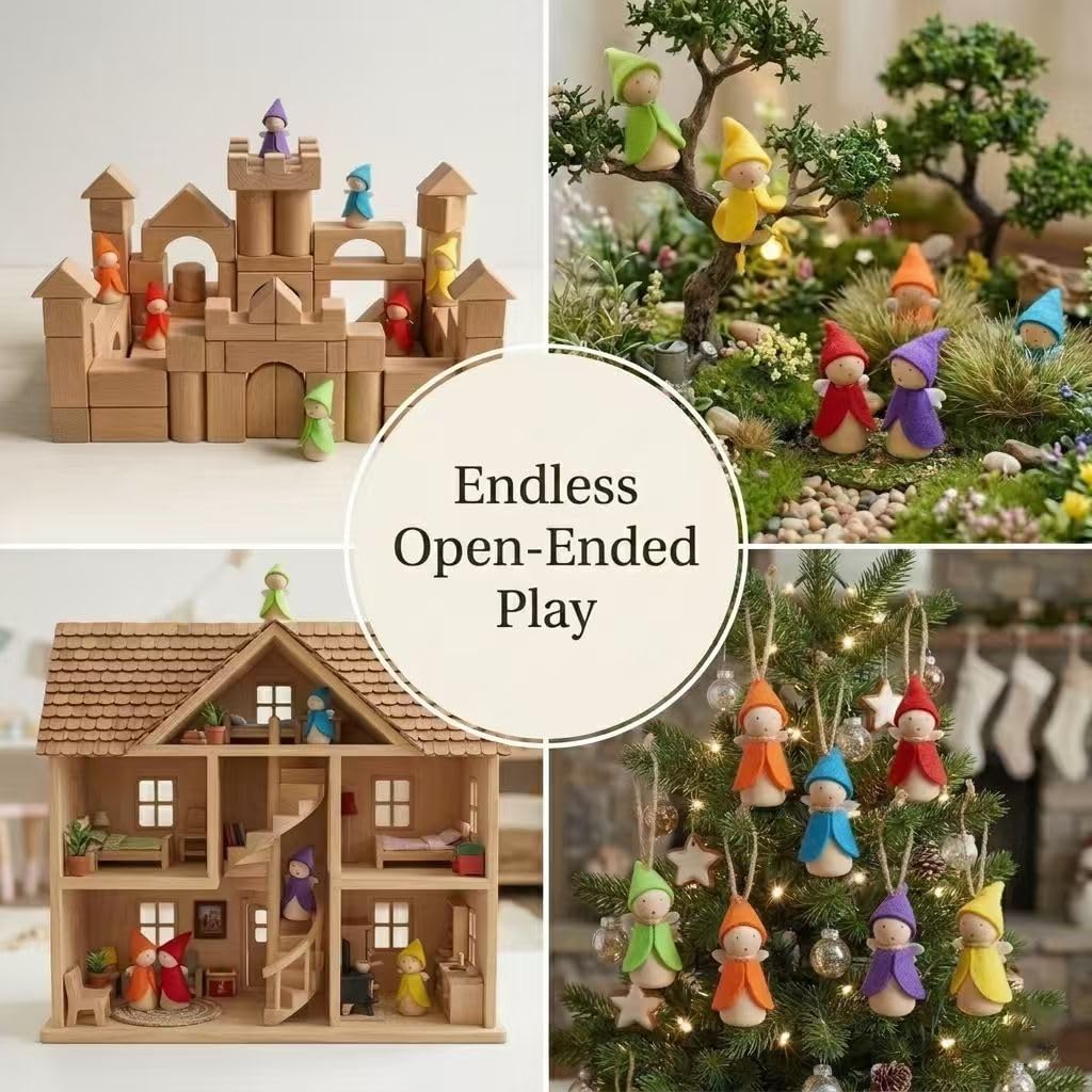 Sing2sky 6 Pcs Wooden Elf Figures, Miniature Dollhouse Accessories for Kids Ages 3+, Cute Wood Gnome Peg Dolls for Small Fairy Garden Decor