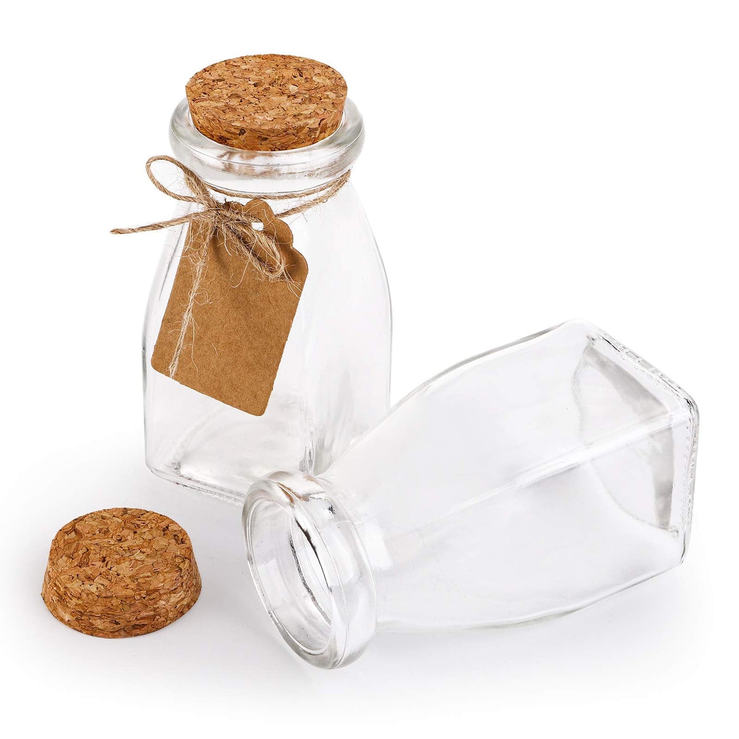 yarlung 30 Pack Glass Favor Jars with Cork Lids, 4 OZ Clear Small Candy Jars Set Square Decorative Bottles for Thanksgiving Gift, Christmas, Baby Shower Wedding Party Favor, Brown Labels and Strings
