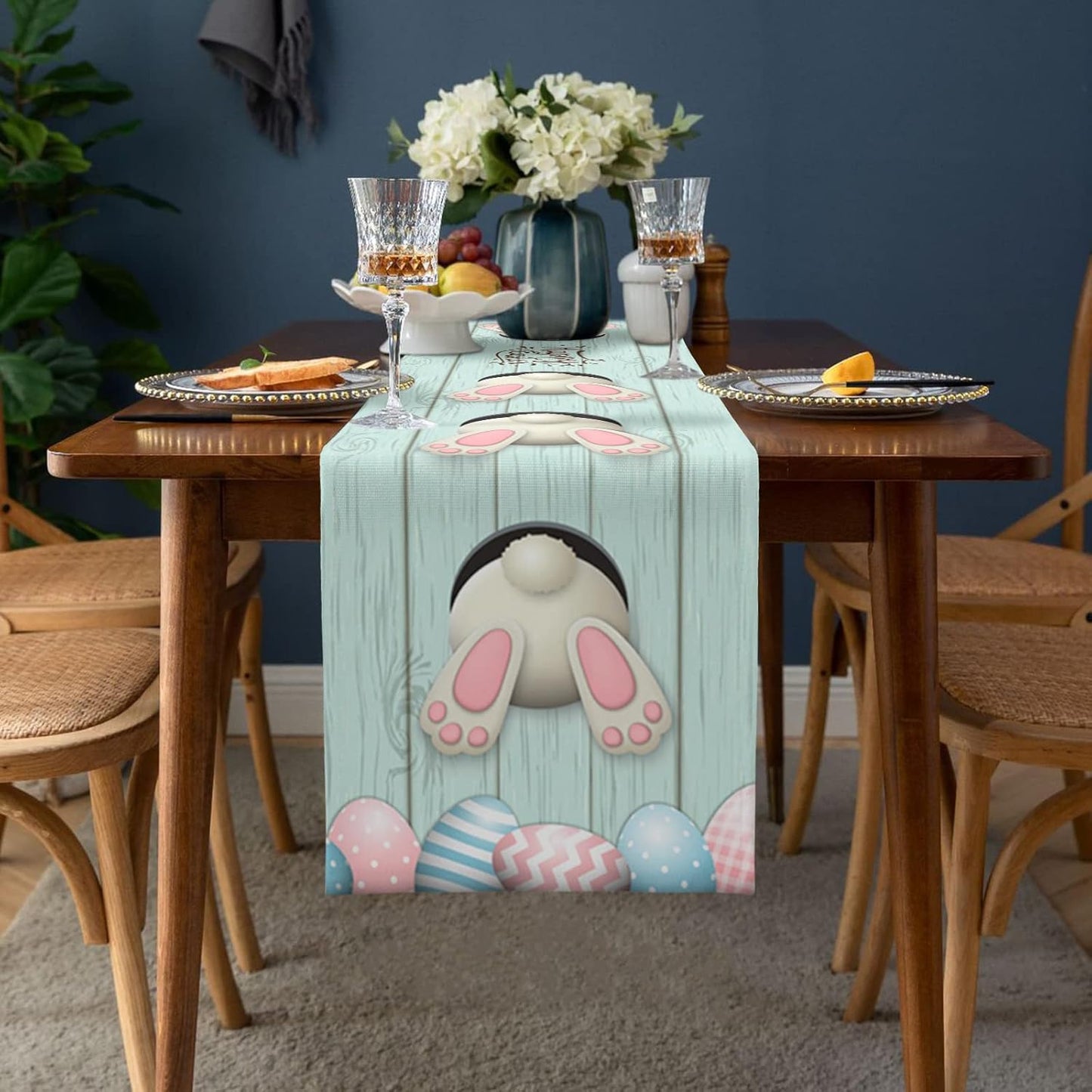 Easter Cotton Linen Table Runner, Bunny Tail Easter Eggs Rabbit Spring Flowers for Dinning Table Decor