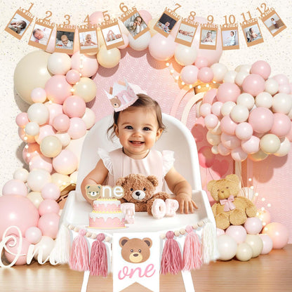 Hombae Beary First Birthday Decorations for Girl, Teddy Bear 1st Birthday Party Supplies, Pink Ivory Balloon Garland, Girl Baby Photo Banner, Bear Birthday Themed Decor Party Pack