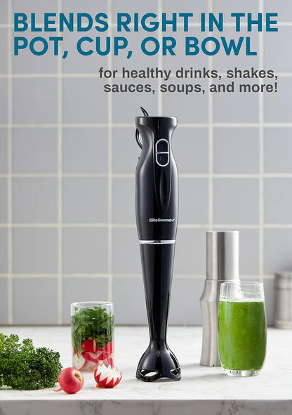 Elite Gourmet EHB1023 Immersion Hand Blender, 300 Watts, 2 Speed Mixing with Detachable Blades, Black