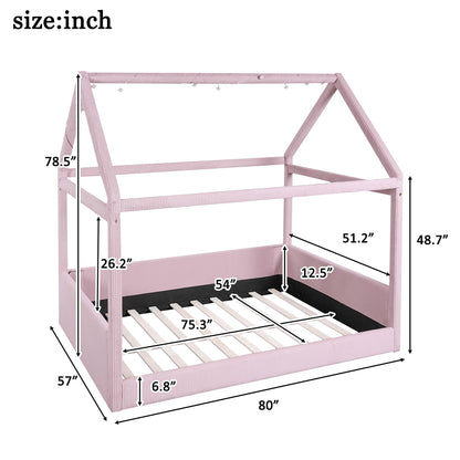 Merax Modern Upholstered House Bed, Floor Upholstered Sofa Daybed with Wood Slat Support,Platform Bed Frame with Headboard/Full, Pink