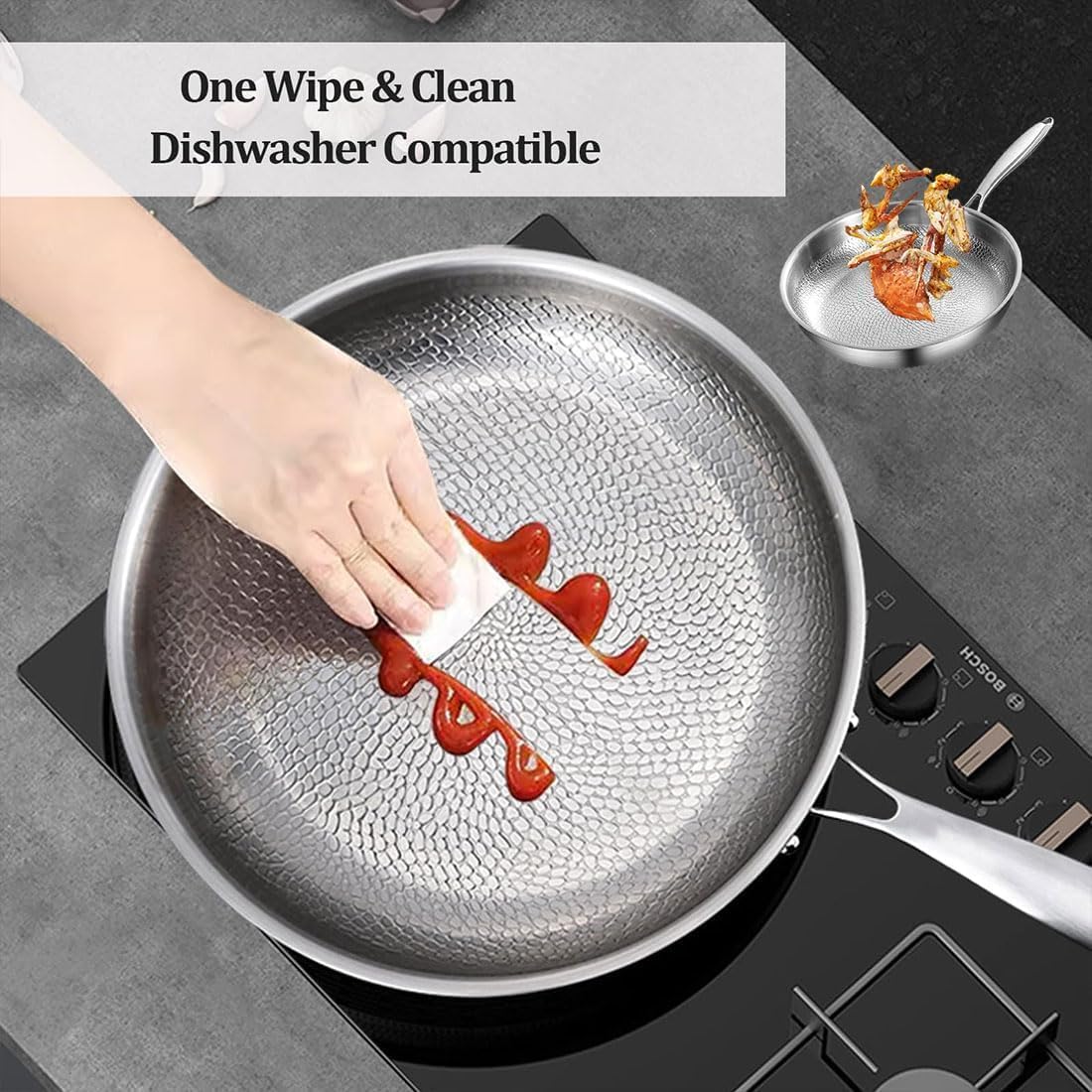 Upgraded Siraats Titanium Hammered Pan, Pot with Lid 10/11/12in Non Stick Titanium Skillet, Scratch-Resistant Multifunctional Durable Safety Frying Pan, Compatible with All Cooktops(L:11in/28cm)