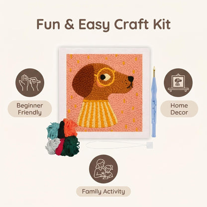 Beutthiar Punch Needle Embroidery Kit, Brown Dog Design, Starter Craft Set for Adults and Beginners, 25x25cm Frame, Stress Relief Gifts