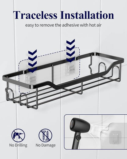 Kitsure Shower Caddy | Large Adhesive Organizer - Stainless Steel Shelf for No-Drill Bathroom Storage, 2 Pack, Black