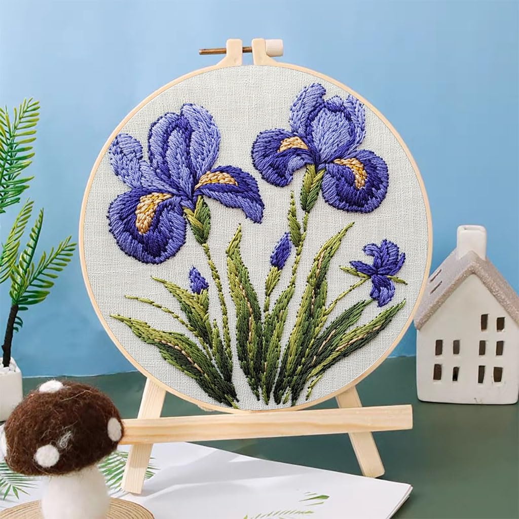 Punch Needle Kits Iris Flowers Embroidery Starter Set with Hoop Easy for Beginners DIY Stress Relief Handmade Craft Hobby and Home Decor 20x20cm
