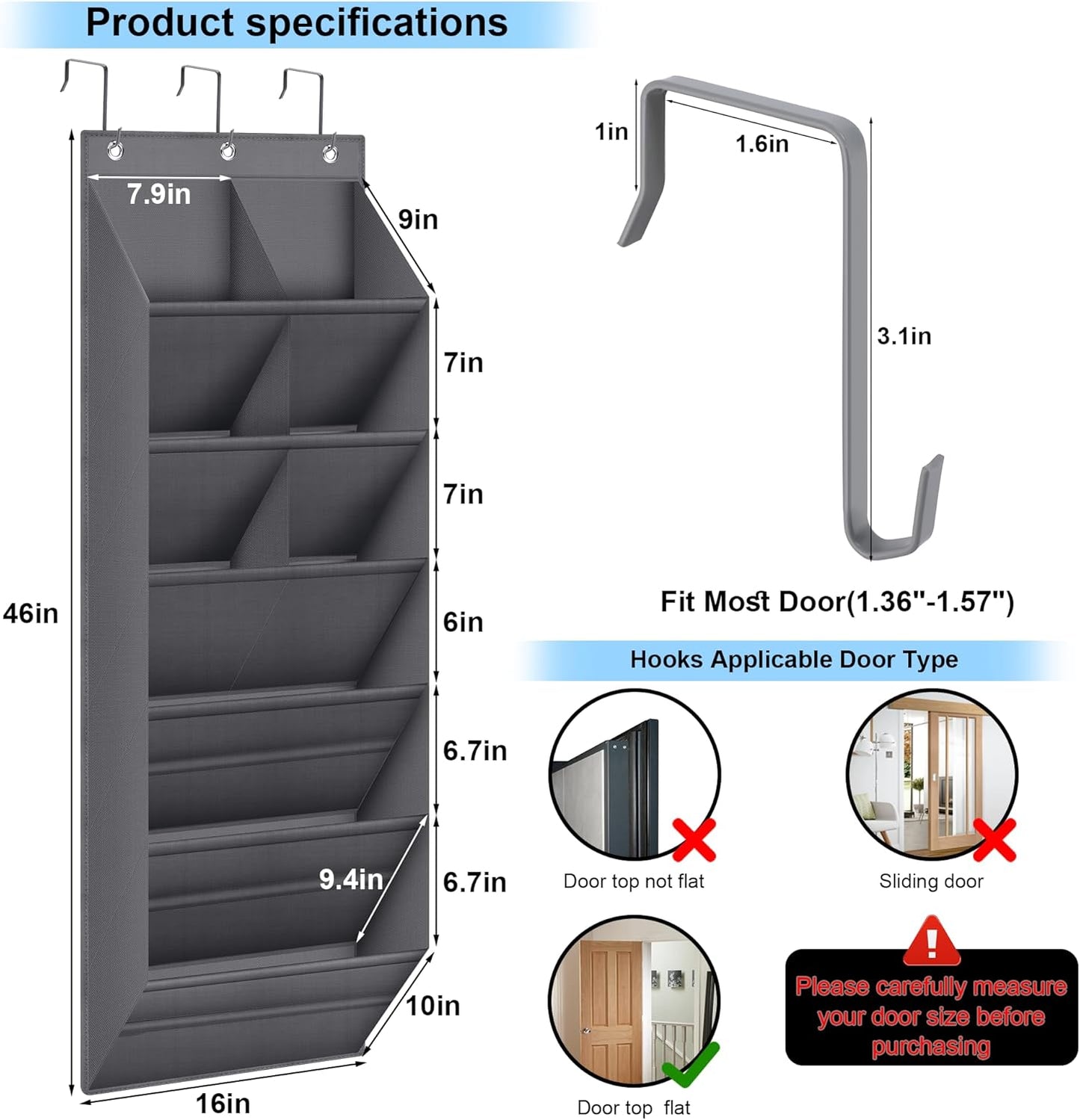Closet 9 Hanging Shoe Organizer for with Deep Pockets, Over the Door Shoe Rack, Shoe Holder for Narrow Door Dorm RV
