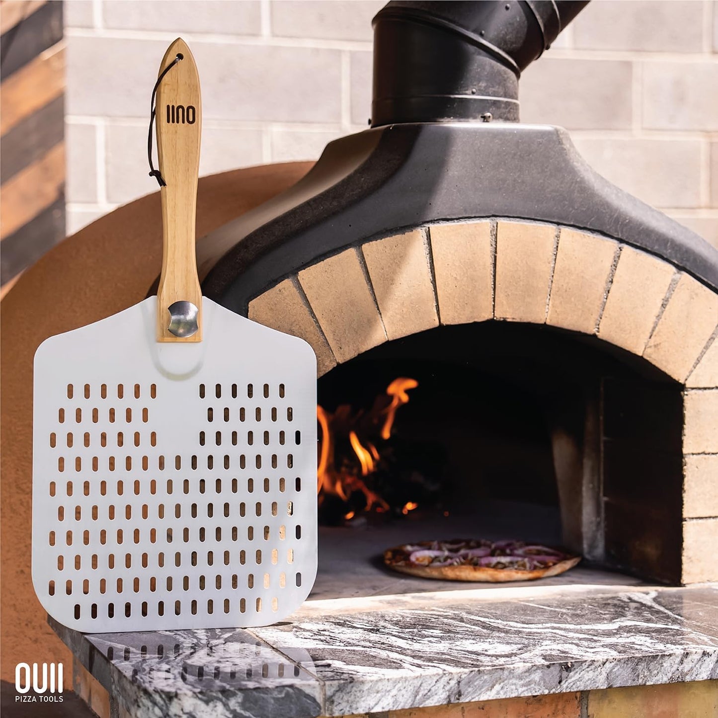 Perforated Pizza Peel 12 x 14 Inch, Paddle Spatula with Foldable Handle, Pizza Cutter Rocker 14'' Blade