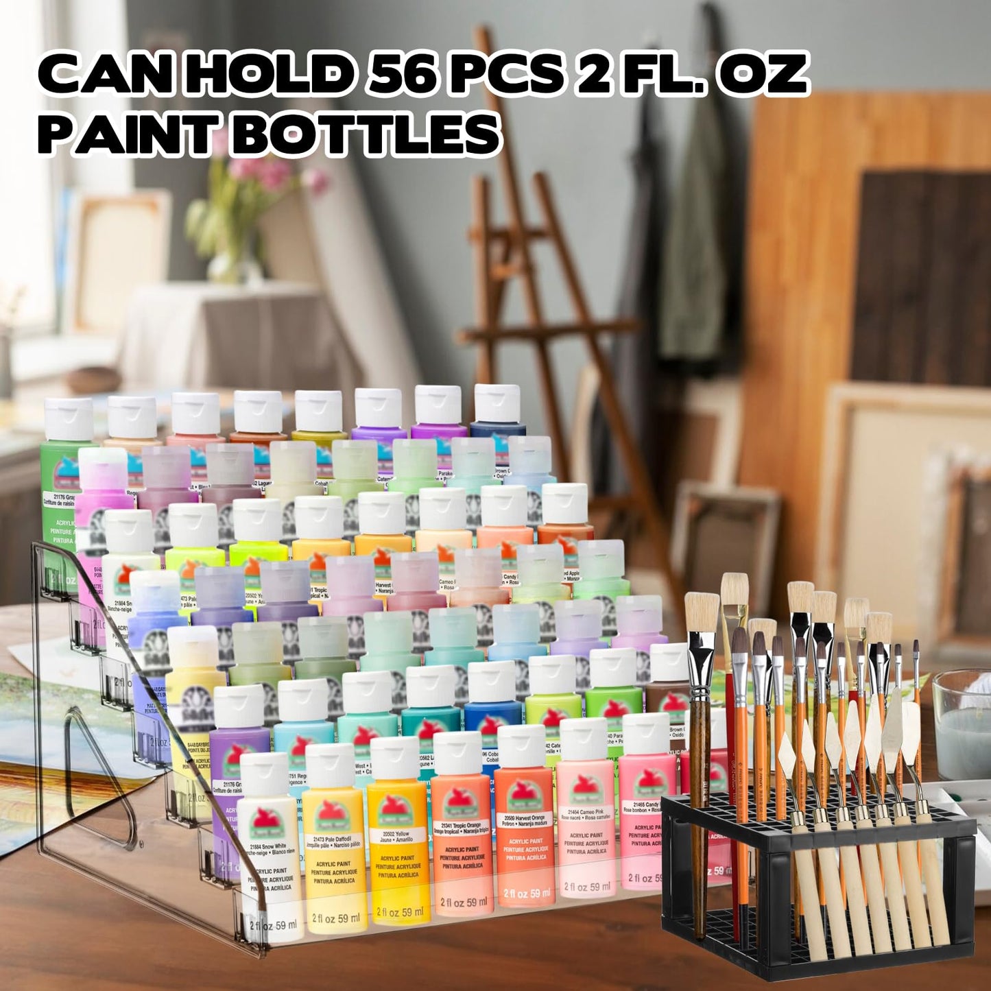 YEXEXINM 4 Pcs Clear Paint Organizer With 2 Pcs Paint Brush Holder,7 Layers Acrylic Paints Organizer Storage Rack,Craft Paints Organizers Rack