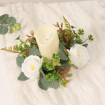 4 Pcs White Rose Candle Rings, Candle Rings Artificial Eucalyptus Leaves Wreaths Candle Rings Wreaths Greenery Wreath Candle Rings for Wedding Centerpiece Party Home Table Decor