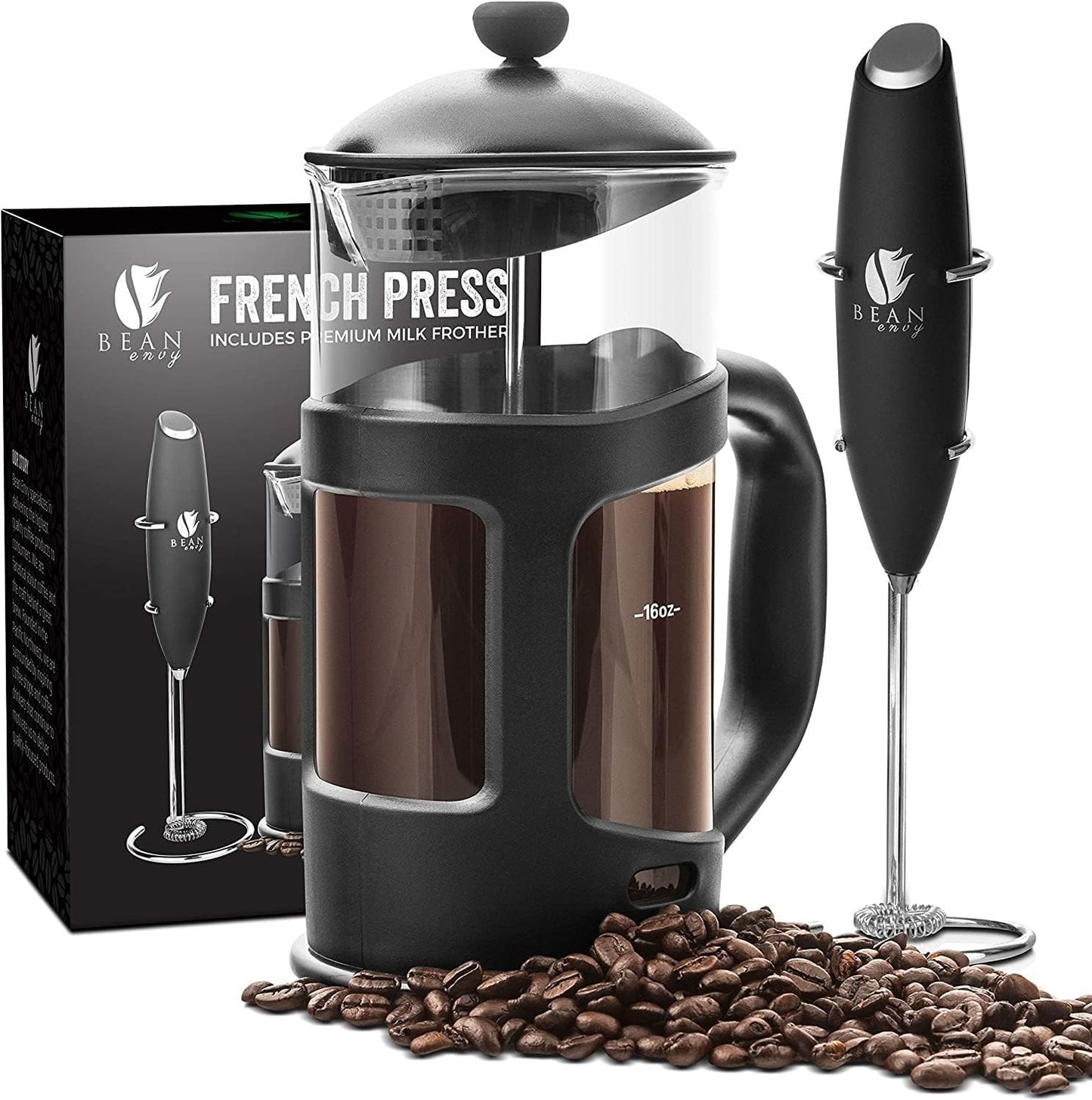 Bean Envy French Press Coffee Maker and Milk Frother Set: 34 oz Glass Carafe & Drink Mixer Duo