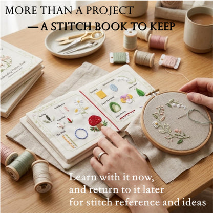 TenDawn Beginner Embroidery Stitch Book with Fabric Pages, 32 Essential Stitches in Structured Learning Order for Adults, DIY Sewing Kit with Floral Motifs, Practice Patterns