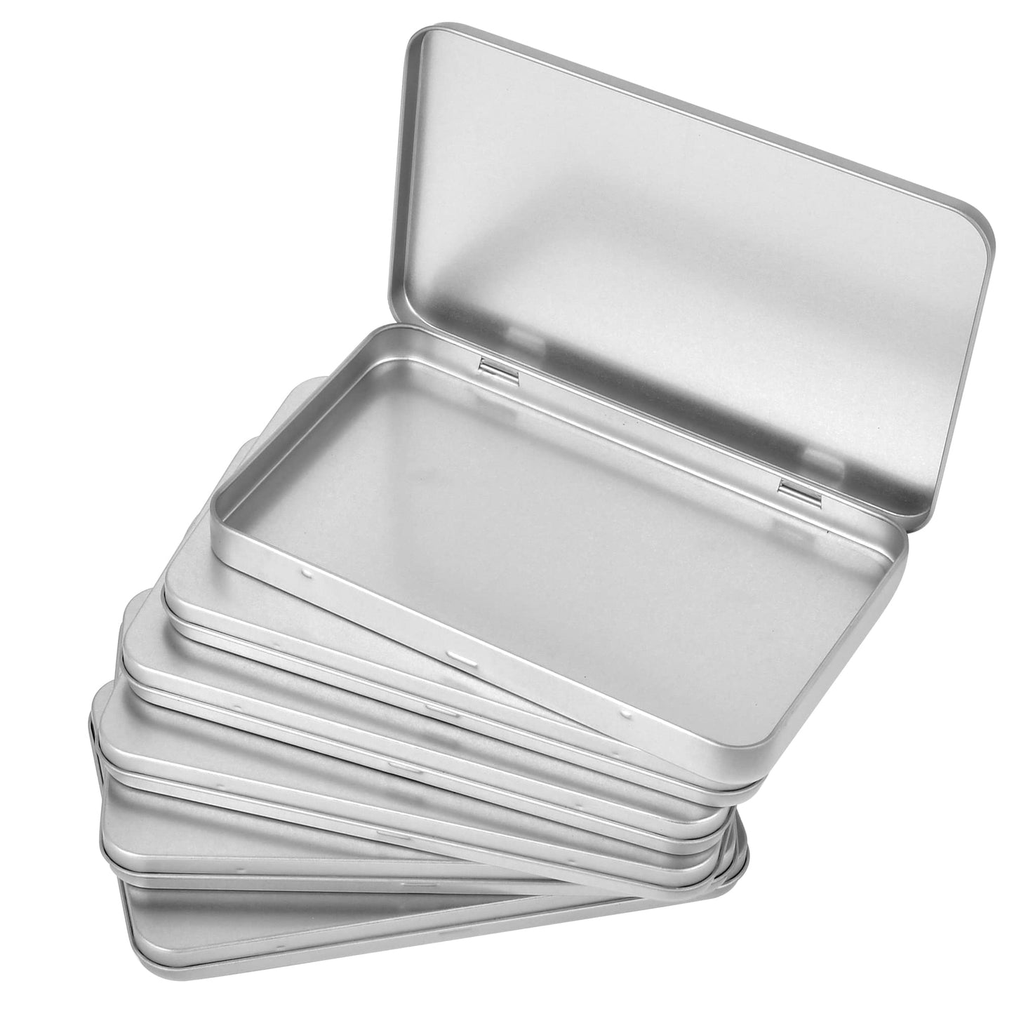 Elesunory 6 Pcs Metal Rectangular Tin Metal Hinged Lid, 6.88 x 4.13 x 0.55 Inch Mini Portable Small Storage Container Tin Box, Metal Box with Hinged Lid for Home or Outdoor Active Storage (Silver)
