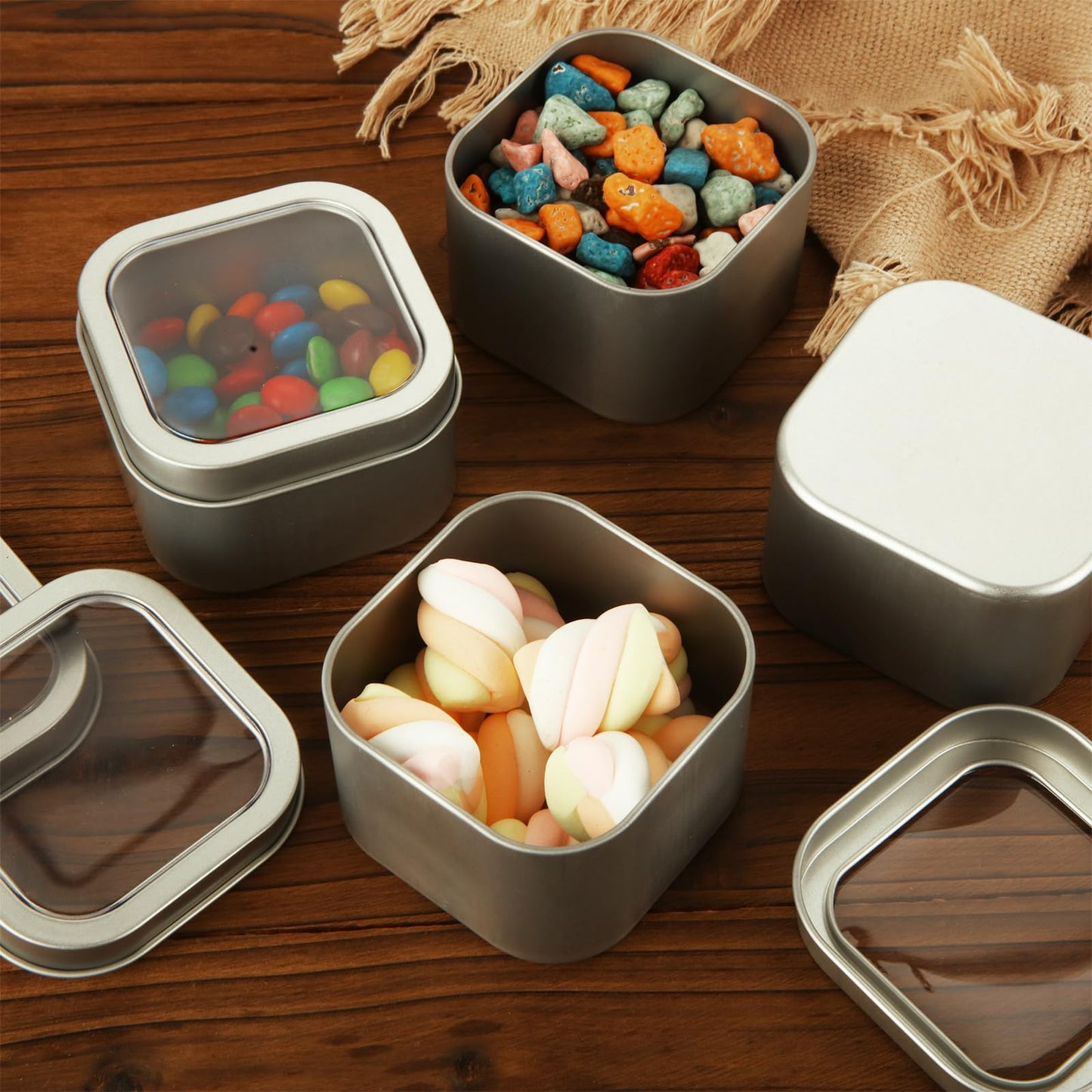 LDXDRU 20Pcs 8oz Metal Tin Cans, Square Empty Containers with Clear Top, Tin Containers With Lids for Candles Salve Cosmetic Candies Food Storage
