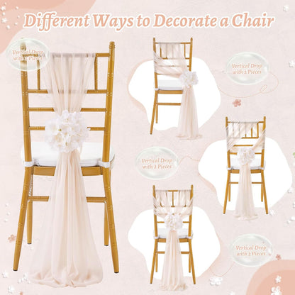 16 Pack SoarDream Champagne Wedding Chair Sashes, Sheer Tulle with Artificial Hydrangea Accents for Ceremony, Reception
