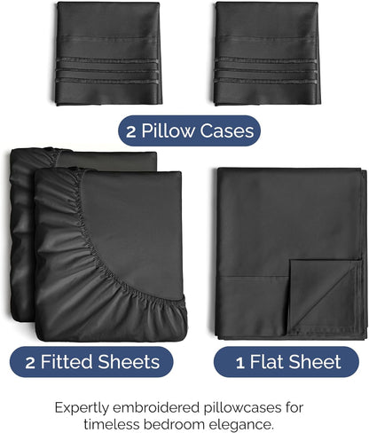 Split King Size 5-Piece Sheet Set | Comfy, Breathable & Cooling Hotel Luxury Bedding - Deep Pockets, Soft, Wrinkle-Free - Oeko-Tex Certified, Black